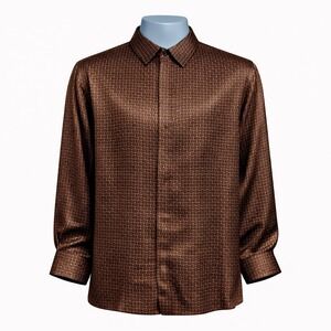 Y2K Genelli Mens 100% Silk Shirt XL Geometric Print Hidden Button Long Sleeve